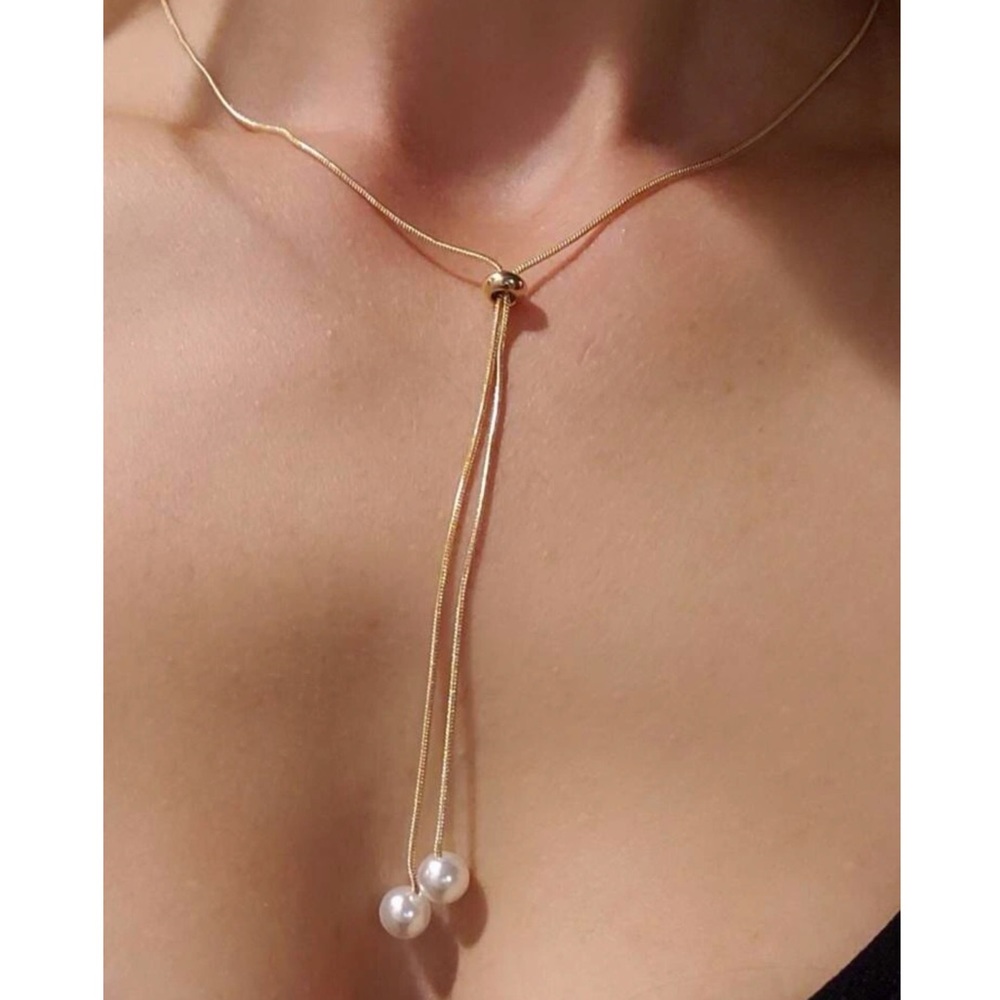 💥3for$28 New Bolo Lariat Faux Pearl Minimalist Necklace Dainty Pearl Y Shaped